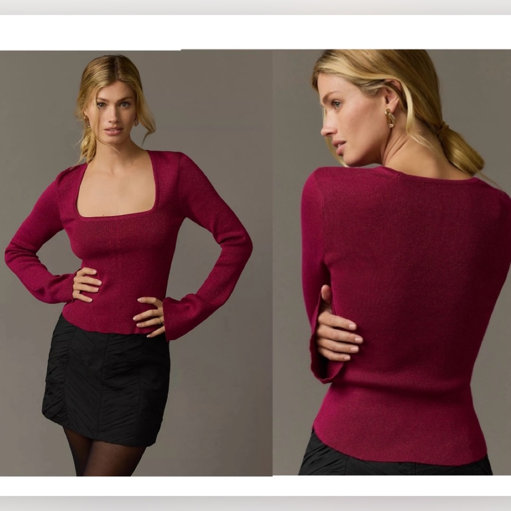 Maeve Anthropologie Square Neck Bell Sleeve Metallic Knit Blouse Rasberry M NWOT